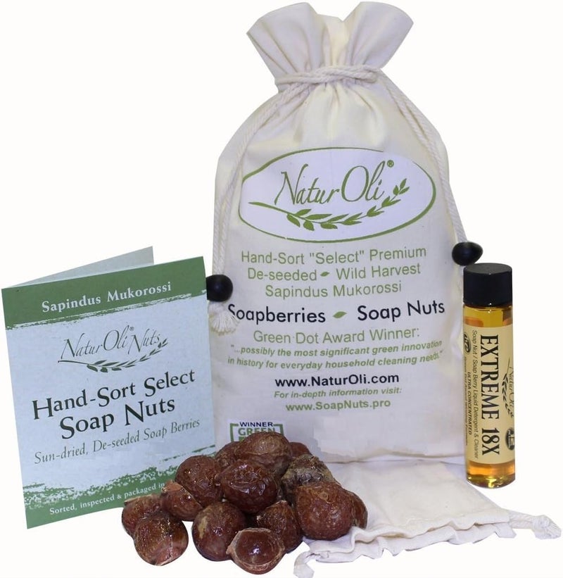 NaturOli Soap Nuts/Soap Berries - 8oz organic (120 loads) + 18X Travel Bottle! Select Seedless - 1 Wash Bag, 8-pg info, tote Bag. - Image 1